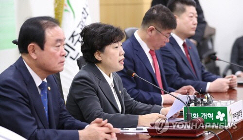 조배숙 민주평화당 대표(왼쪽에서 두번째)가 26일 최고위원-국회의원 연석회의에서 발언하고 있다. 이날 민평당은 정의당과 공동으로 원내교섭단체를 구성하기 위한 내부 공론화 작업에 착수했다  연합뉴스